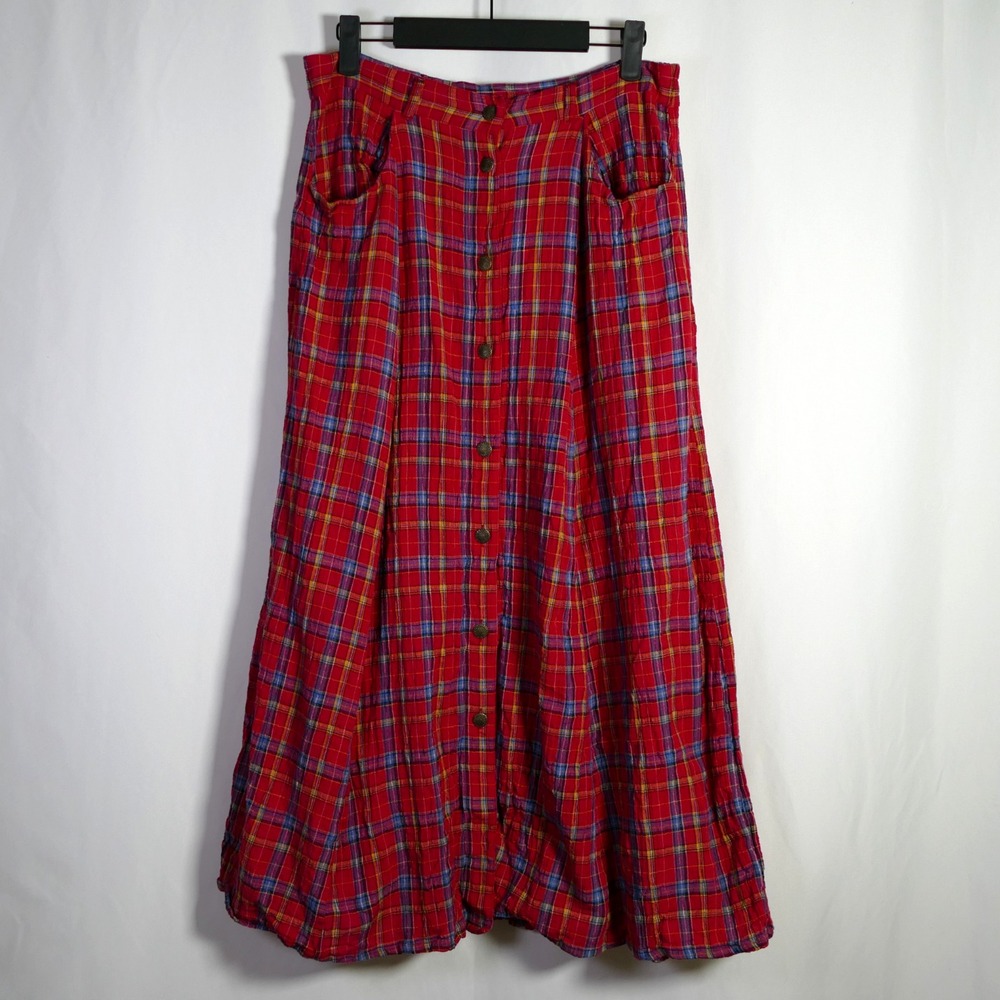 VTG Russ Preppy Plaid Button Front Maxi Skirt Size 10 Petite Cotton Cottagecore